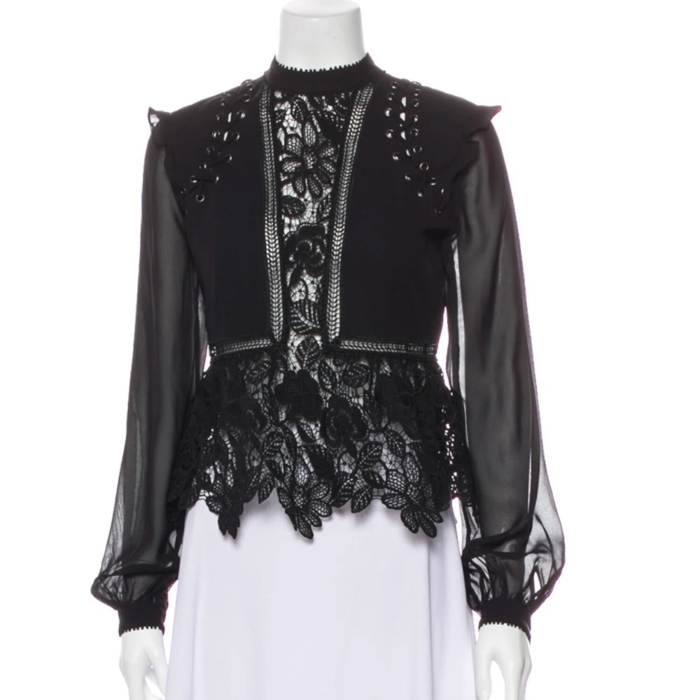 Self Portrait Lace Pattern Mock Neck Blouse